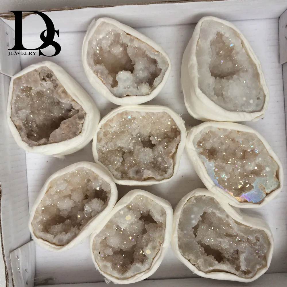 Fetta di geode di agata naturale Drusy Druse Quarzo elettrolitico Cluster Cristallo grezzo Punti ruvidi Minerali brasiliani Campione Decorazione per feste