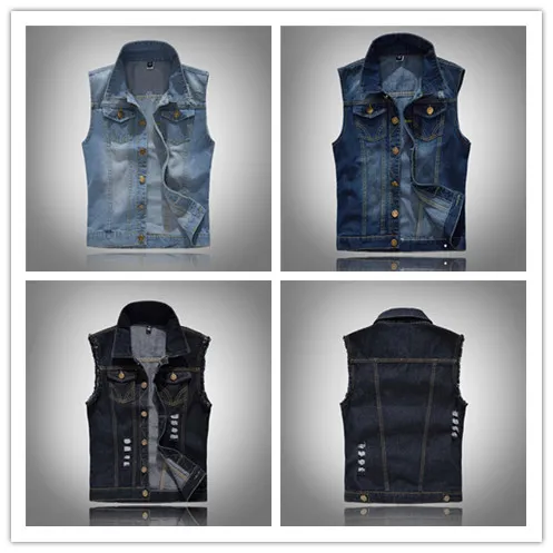 Partihandel Mens Black Denim Vest Waistcoats Motorcykel Biker Jackor Ärmlös Slim Fit Coat Outwear Ripped Tops DHL Gratis Frakt 4XL 5XL