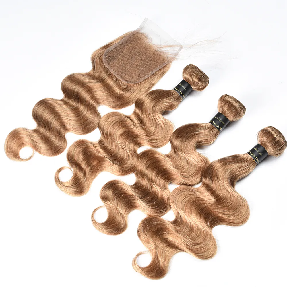 Fasci di capelli umani peruviani dell'onda del corpo biondo miele con chiusura in pizzo Parte libera Capelli Remy peruviani 3 fasci con chiusura 27 #