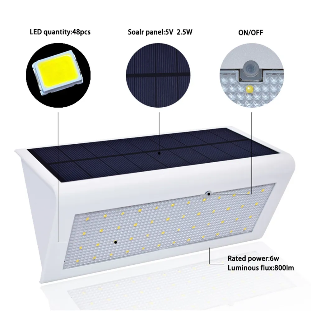 High Quality Brightness 4 Modse 800LM Waterproof 48 LED Solar Light 2835 SMD White Solar Power Outdoor Garden