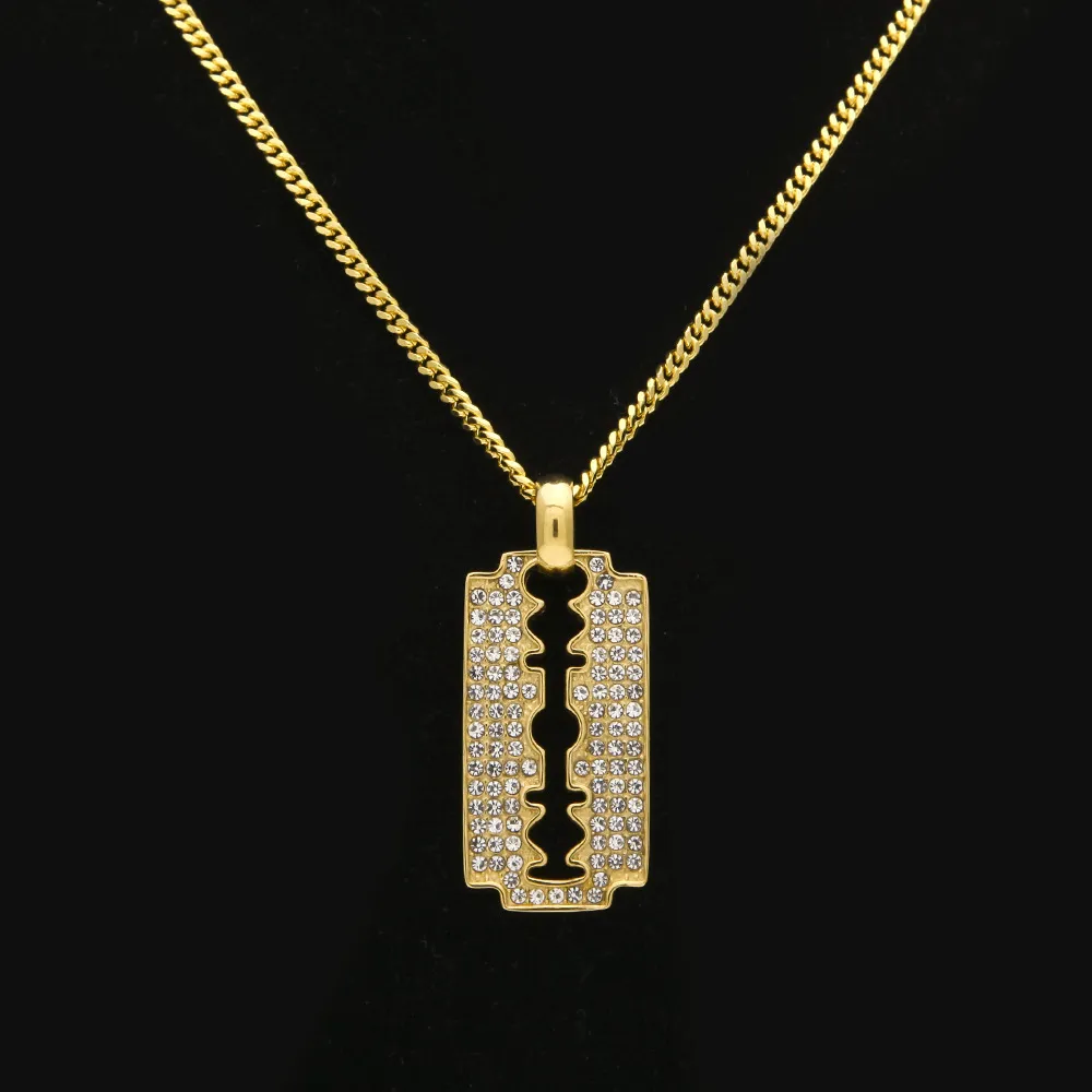 Men's 18K Real Gold Plated Stainless Steel Iced Out CZ Razor Blade Pendant Necklace with 3mm 24inch Cuba Link Chain Hip hop