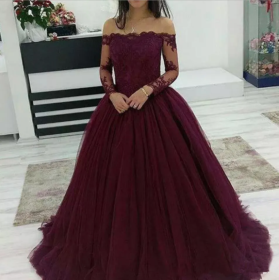 Fora do ombro manga comprida vestidos de baile 2019 venda quente lace apliques tule formal vestido de noite mulheres vestido de festa de celebridade