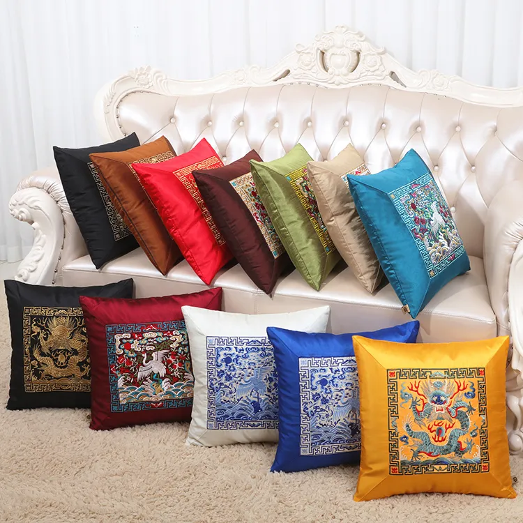 Patchwork Chinese Embroidery Crane Lumbar Cushion Satin Pillow Case Christmas Vintage Decorative Cushion Covers for Sofa Chair 45x262N