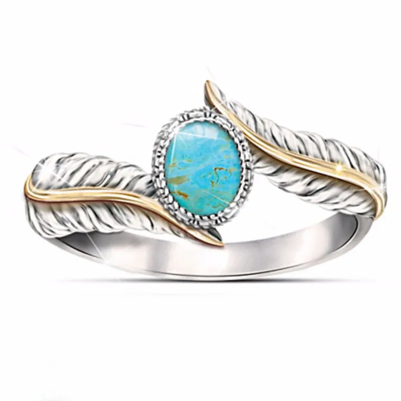 Contrast Kleur Silver Feather Turquoise Vrouwen Rings Fashion Jewelry Band Ring Gift Will en Sandy