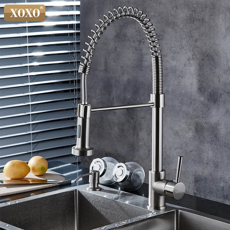 XOXO Spring Style Kitchen Faucet head mixer cold and hot Brushed Nickel Faucet Pull Out sprayer mixer tap 1343
