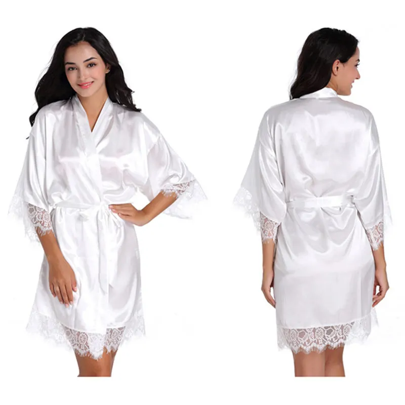 Satin Silk Kvinnors Bröllop Kort Lace Up Kimono Robe Sleepwear Sexiga Lady Wedding Robes Dressing Gown