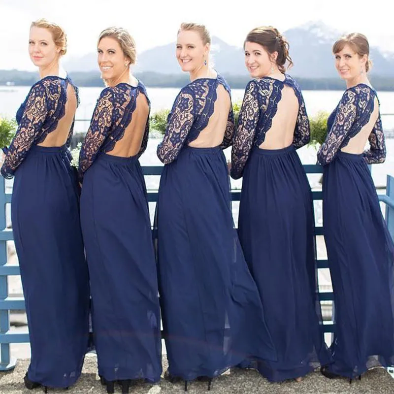 Abiti da damigella d'onore da spiaggia blu navy Abiti da damigella d'onore senza schienale in chiffon di pizzo a maniche lunghe Abiti da festa Abiti da cerimonia