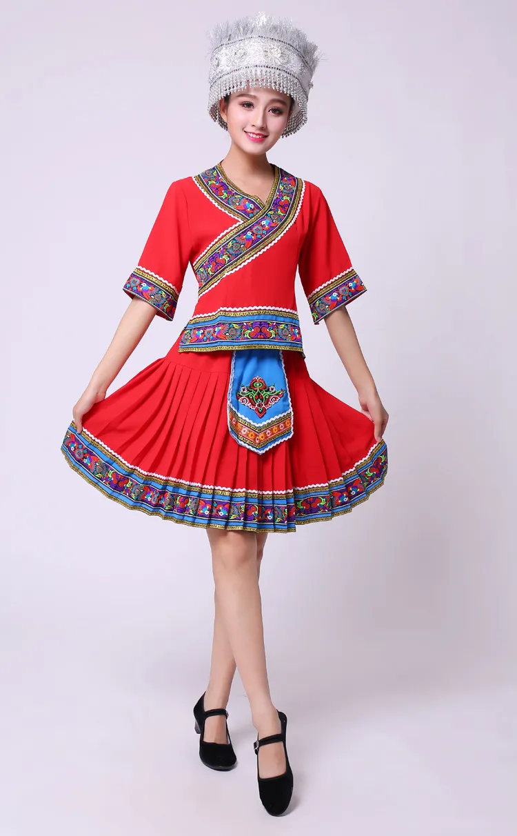 Chinesisches traditionelles Hmong-Kostüm Oberteil + Rüschenröcke, Kleidungssets, Miao-Tanzkleid, chinesischer Volkstanz, Damen-Bühnenkleidung