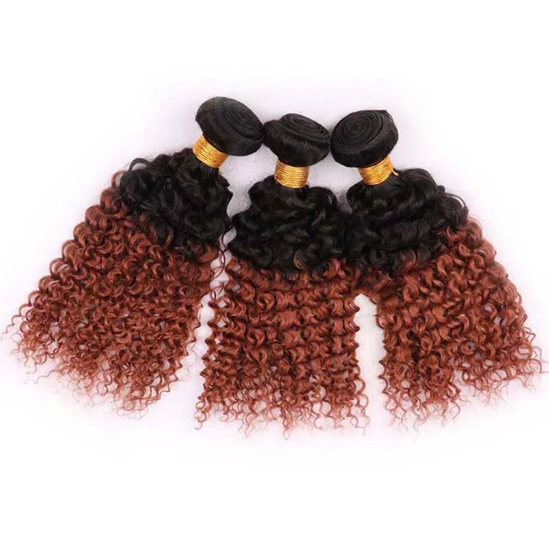 Två ton Ombre Peruvian Virgin Hair Extensions 1b / 30 # Ombre Brown Blond Peruvian Kinky Curly Human Hair Weave 3 buntar