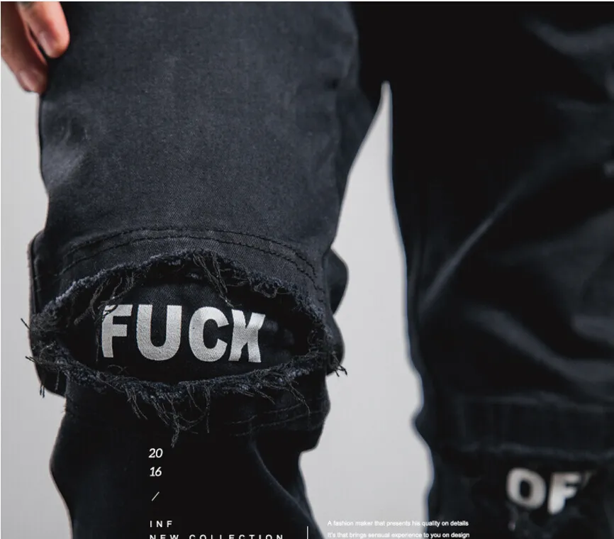 Zerrissene Herren-Hose, schmal, gerade, schmal, elastisch, Biker-Jeans, lässige schwarze Bleistifthose mit aufgedruckten Buchstaben, Design 302S