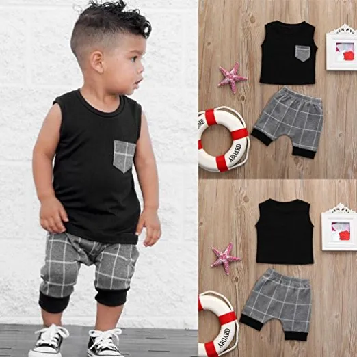 2018 Nya Baby Boys Set Sommar Ins Barn Grå Gitter Bomull Ärmlös T Shirt + Shorts 2PCS Suit Kids Fashion Casual Clothes Set 0-5t