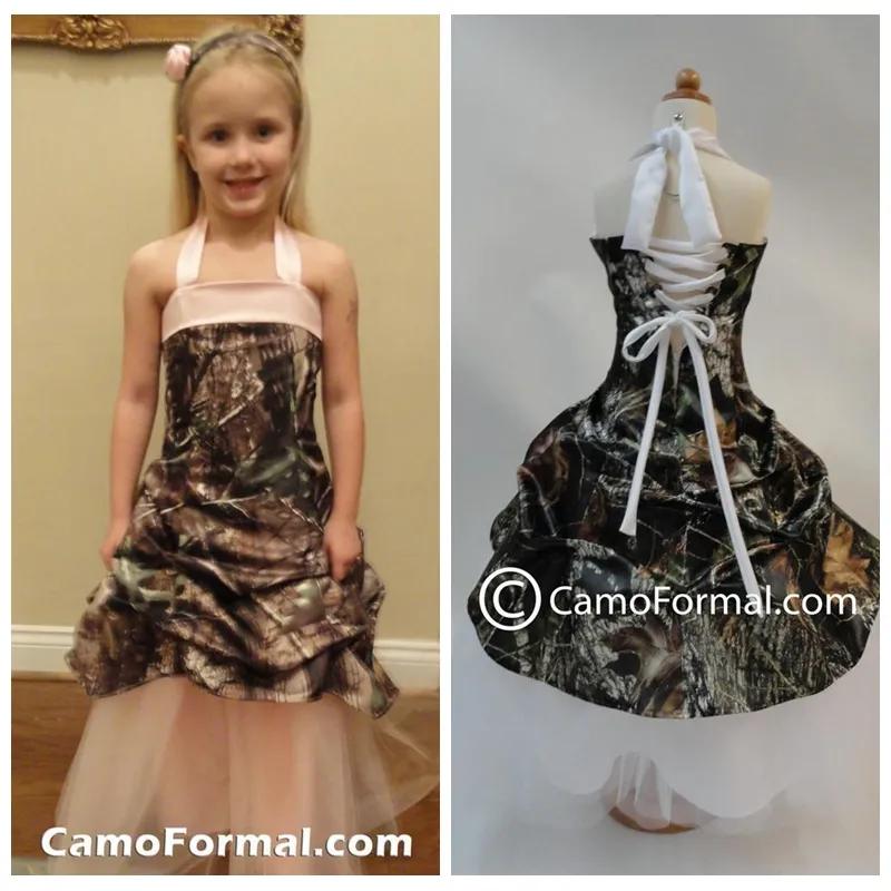 Bella Halter Camo Flower Girls Abiti drappeggiati convenzionali Slim Custom Online Girl Party Gowns 2018 Vendita a buon mercato Camouflage Birthday Wear