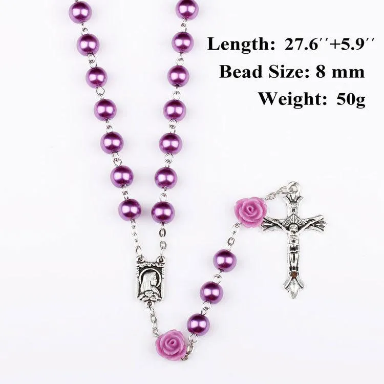 Catholic Rosary Madonna Jesus Cross Necklace Pendants Pearl Bead Chain Fashion Belief Jewelry for Women