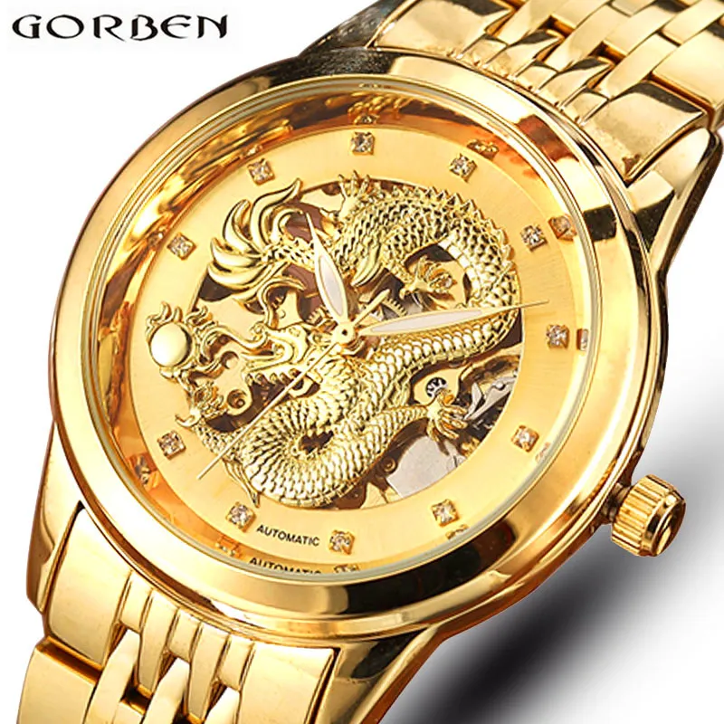 Reloj mecánico de oro esquelético para hombre, reloj de pulsera mecánico de acero con dragón tallado en 3D automático, marca superior de lujo de China, viento automático 2018 D18100706