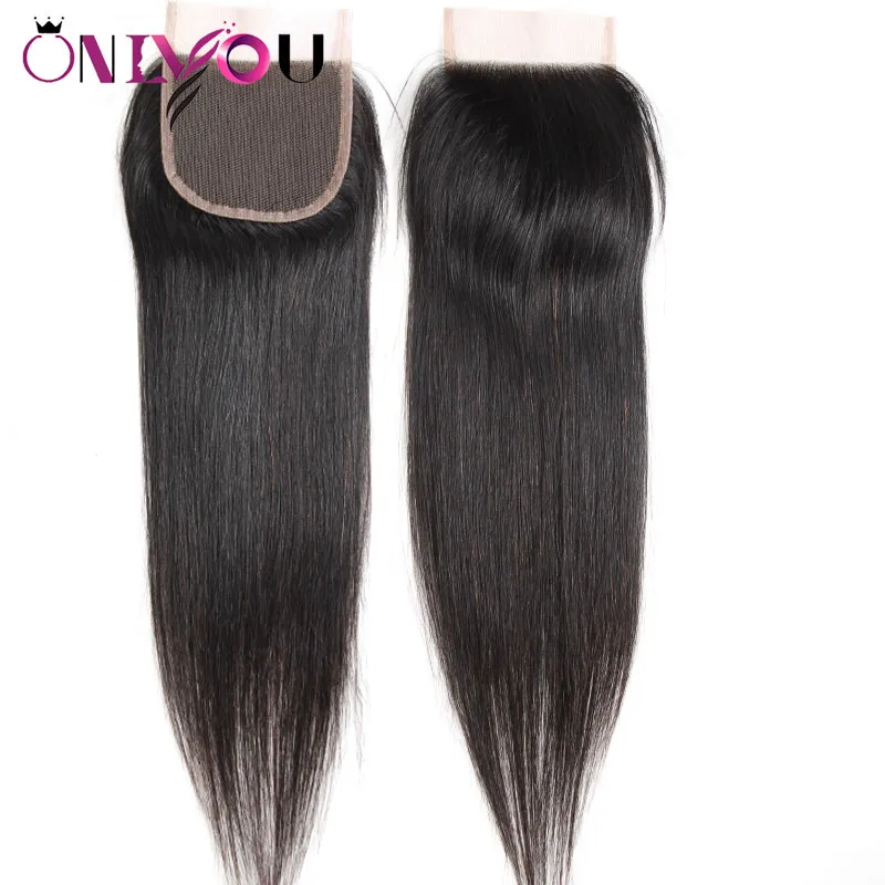 Brazilian Virgin Hair Straight Lace Closure 4x4 Free Middle Part Raw Indian Human Hair Extensions Top Closure Silky Straight Weaves Bundles