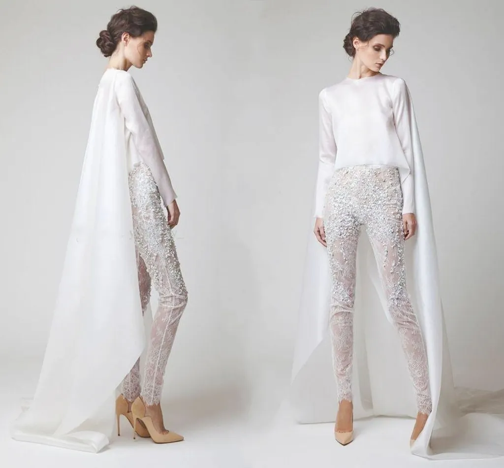 Vestidos de noite brancos de duas peças calças de chiffon renda pérolas veem através de mangas compridas Elio Abou Fayssal Vestidos de noite com jaqueta Dh4123