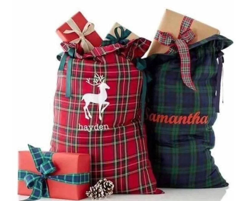 Plaid Drawstring Gift Bag Santa Sacks Christmas Kids Candy Bag Presentväskor Inomhus dekoration Kanfas Plaid Santa Sacks Sack Bag Sn619