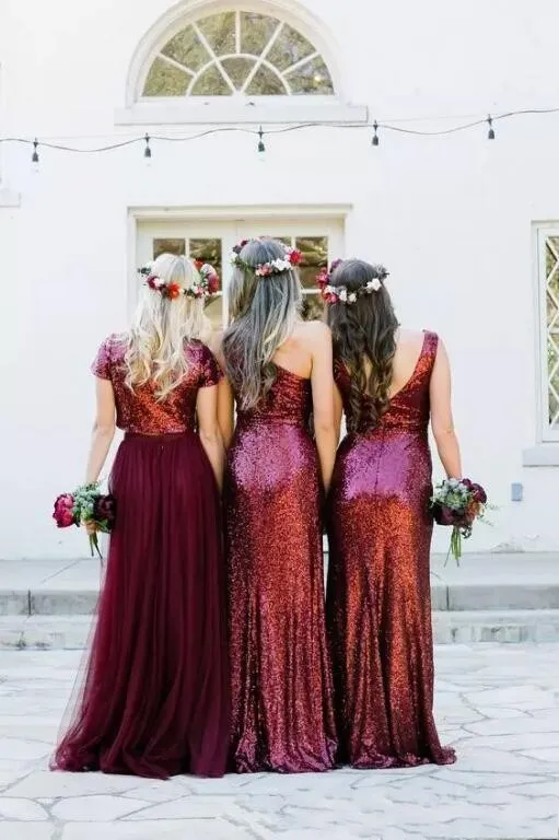 burgundy glitter bridesmaid dress Burgundy Sequin Tea Length Bridesmaid Dresses Long Sleeve – Lisposa main image 1