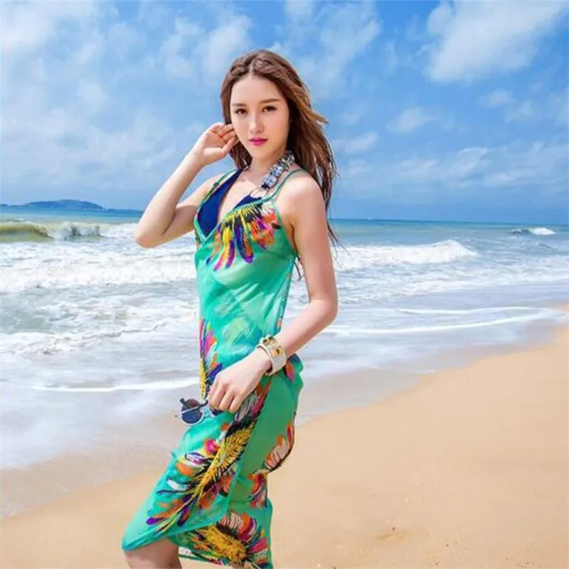 2018 kvinnor blommig bikini cover ups utskrift sexig pareo strand klänning bohemian sarong chiffong strand bikini wrap swimwear scarf sjal brace 