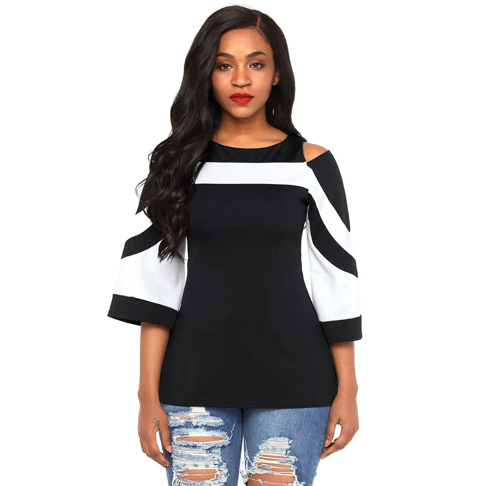 Women Blouse Black White Colorblock Bell Sleeve Cold Shoulder Top Mujer Camisa Feminina Office Ladies Clothes