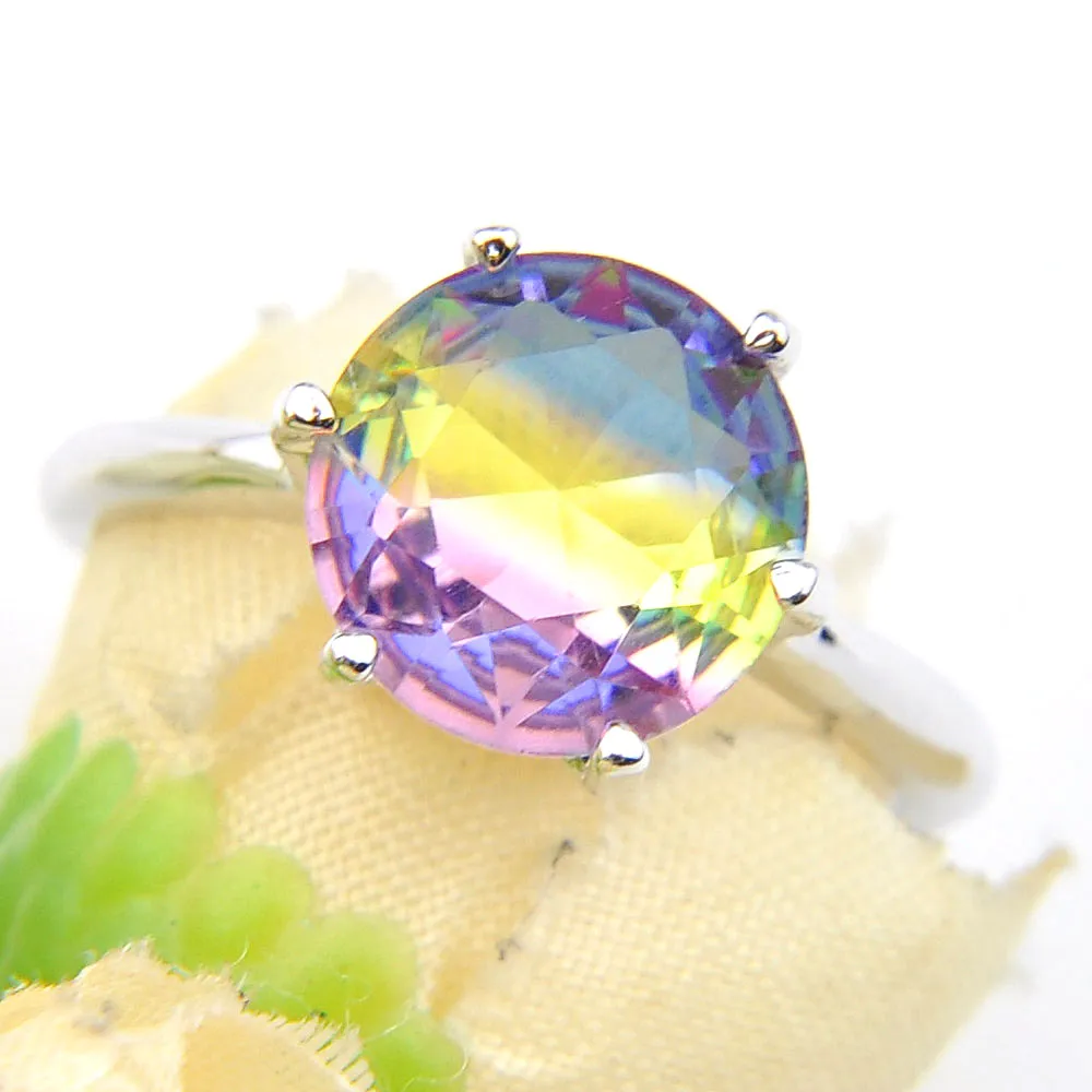 6 PCS/Lot New Round Rainbow Bi Colored Tourmaline Zircon Gems 925 Sterling Silver Plated Women Wedding Ring Jewelry USA Size 789#