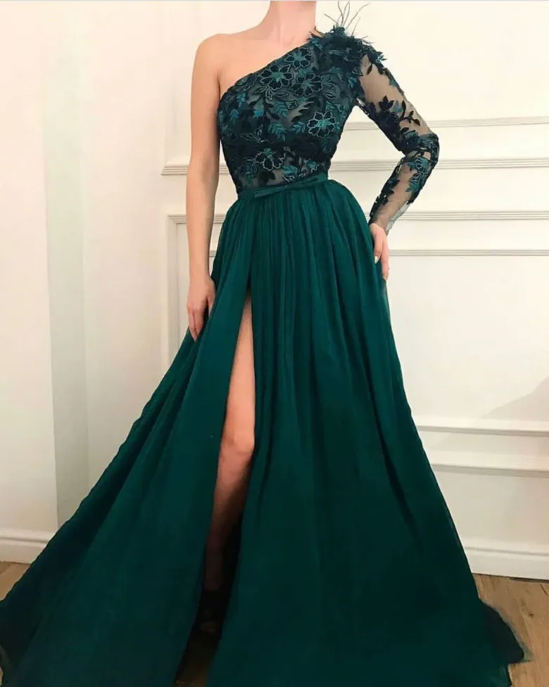 green emerald velvet dress Chic Long Sleeve One Sleeve Evening Dress with Split On Sale
