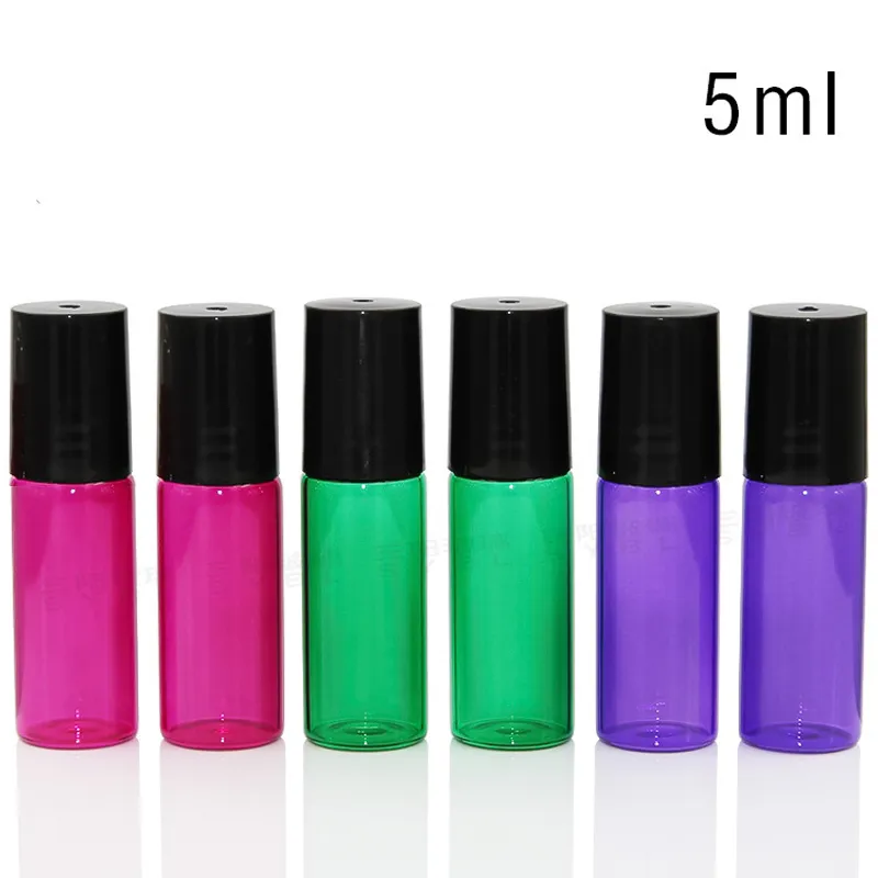 5 ml Rolo em Garrafa De Vidro com Vidro Rolo De Metal Bola Recarregável Rolo de vidro Frascos para Perfume Óleos Essenciais Rosa Azul Verde Roxo