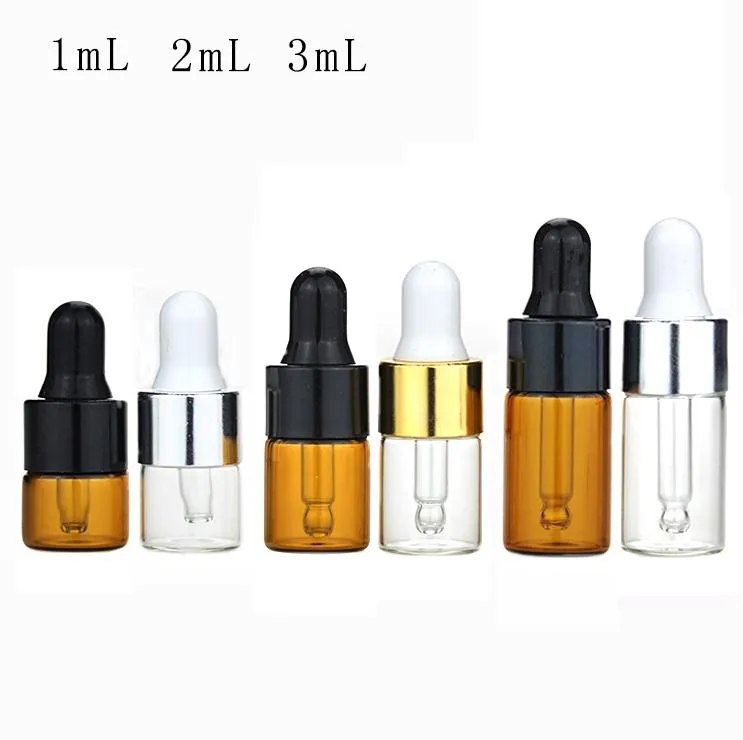 3ml Mini Tom droppflaska Bärbar aromaterapi Esstenial Oil Bottle med glasögon Dropper Amber och Clear Colors SN1400