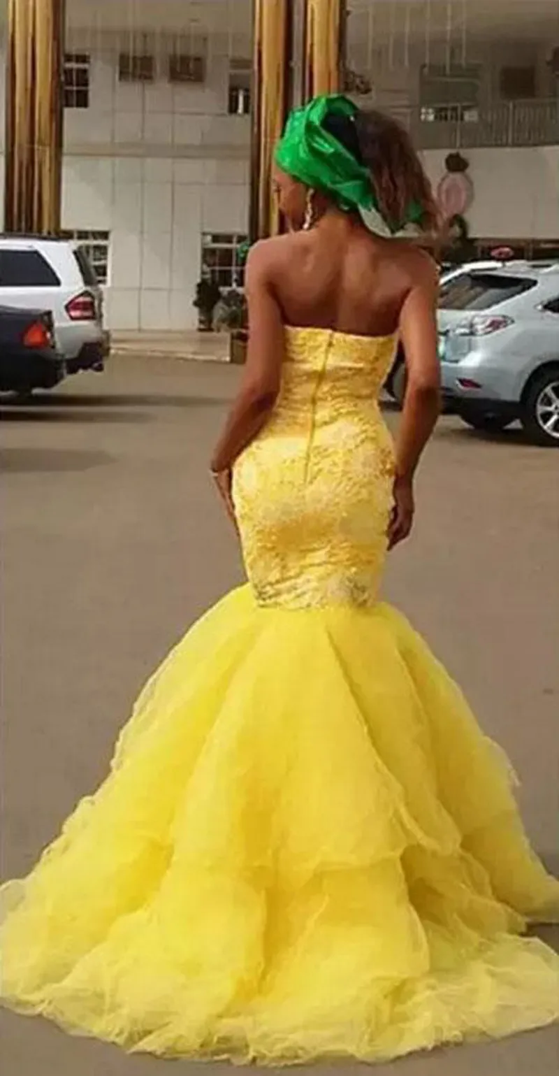2018 Africa New Lace Giallo Abiti da ballo Sweetheart Perline Sud Africa Sirena Abiti da sera Miss Pageant Dress 2017 Abiti da festa
