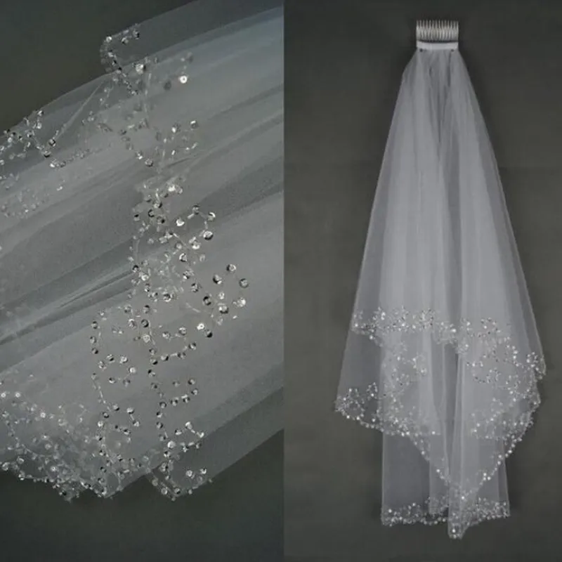 White Ivory Two Layer Bridal Wedding Veil Sequins Tulle Pulled Edge Bridal Veil Hårtillbehör med COMB316E