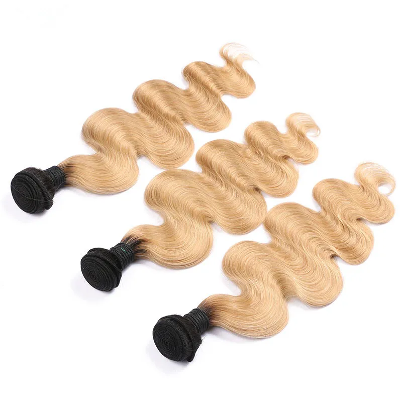 Dark Root Honey Blonde Ombre Virgin Peruvian Human Hair Bundles Deals with Closure Body Wave 1B27 Light Brown Ombre Human Hair We5359582