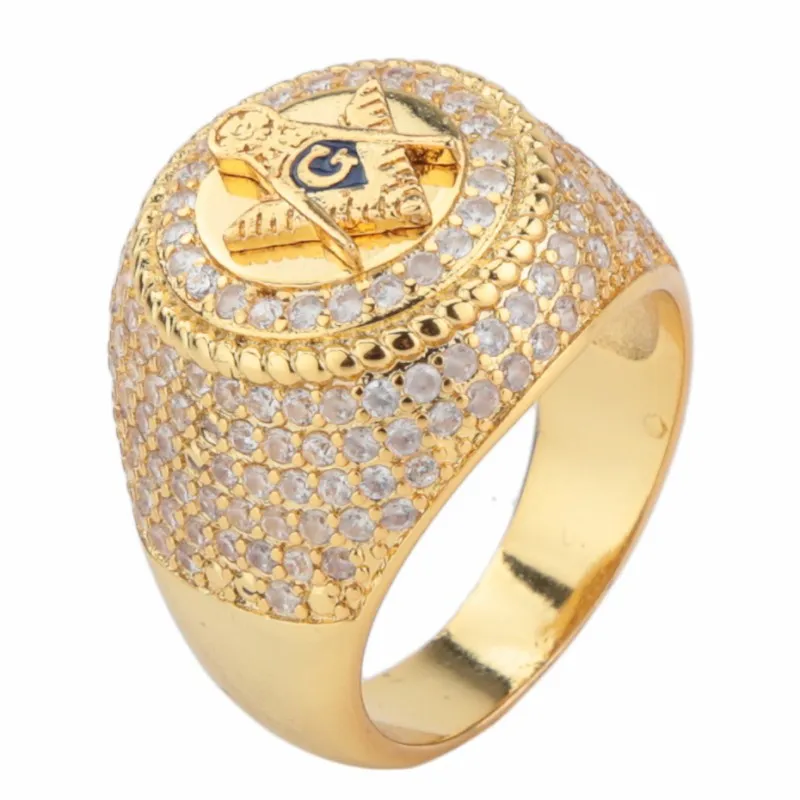 2018 Neue Mode und Persönlichkeit 18K Gelbgold vergoldet Masonic AG Logo Mann Kupfer Ring Größe 8-15#39
