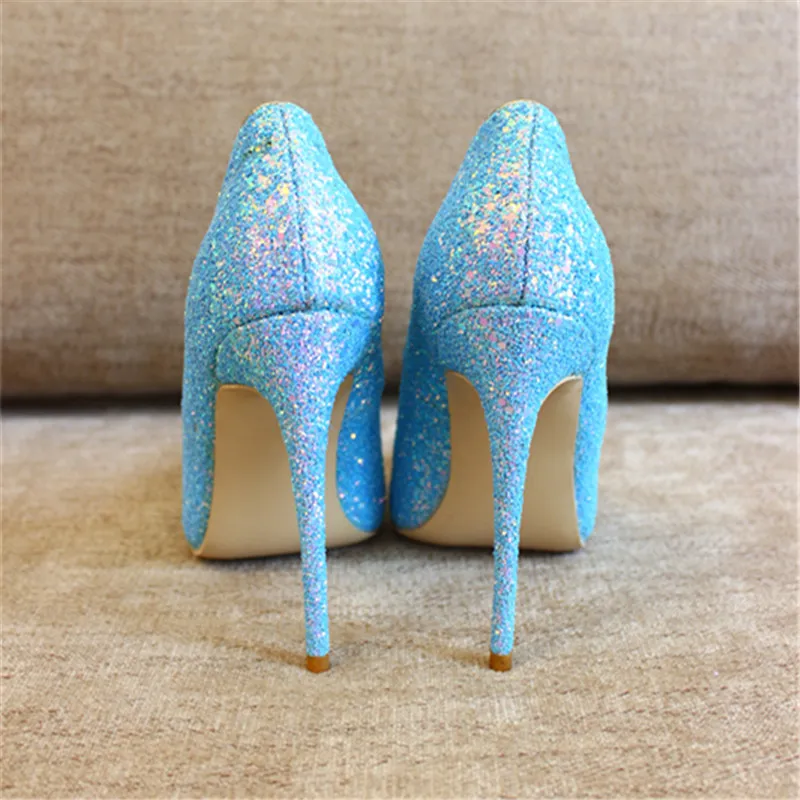 Fashion women Blue Glitter strass point toe shoes high heels thin heeled shoes pumps genuine leather 10cm Big size size 33-43