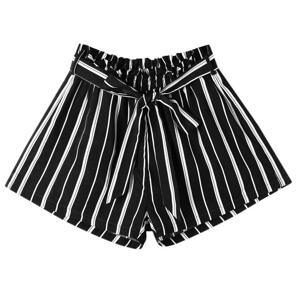 Kenancy WomenTie Ceinture Rayé Shorts Taille Élastique Jambe Large Bowknot Shorts D'été Femme Mode Shorts 2018 Nouvelle Arrivée