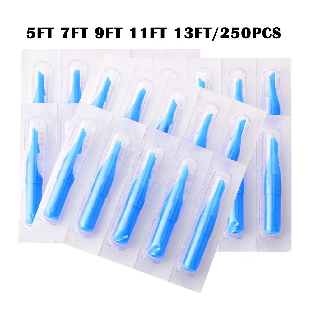 250pcs Professionell Tattoo Tips 5ft / 7ft / 9ft / 11ft / 13ft Engångstatuering Tips Blå steril munstyckspetsplast för tatuering