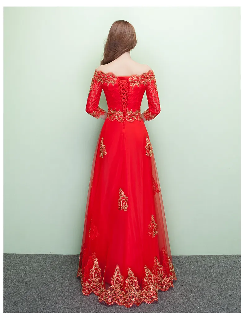 Yeni moda Çin düğün parti elbise Çin tarzı kırmızı evli zarif cheongsam masquerade kıyafeti Kapalı Omuz Dantel vestido