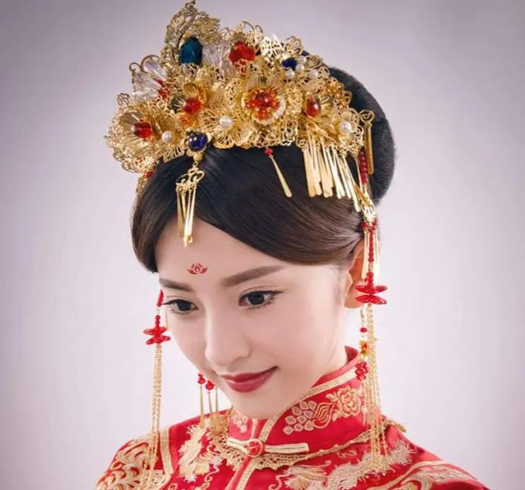 Tocado de novia de boda chino, traje, corona de pelo, adornos de boda