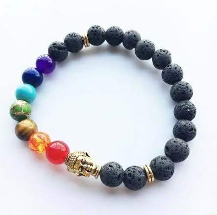 Nouveau Naturel Noir Pierre De Lave Charme Bracelets 7 Reiki Chakra Guérison Équilibre Perles Bracelet pour Hommes Femmes Stretch Yoga Bijoux