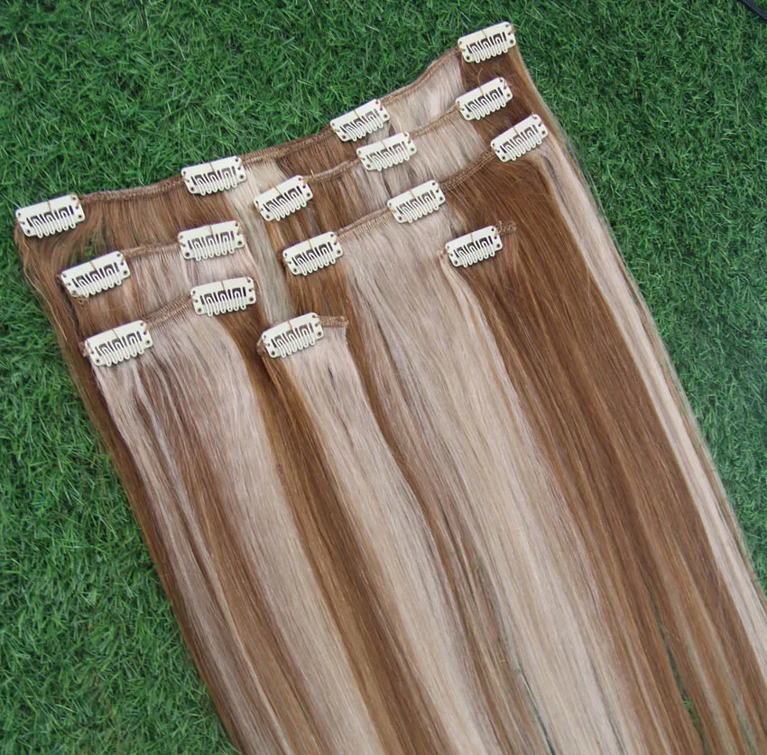 Couleur 8/613 Clip droit de cheveux vierges brésiliens dans les extensions de cheveux humains double trame forte 100g clip épais vierge dans l'extension de cheveux