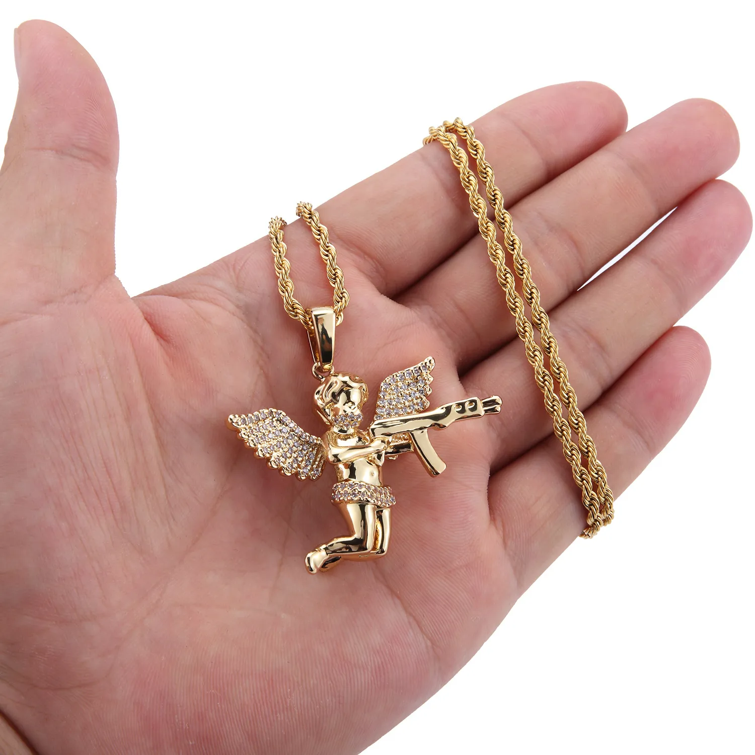 Top Kwaliteit Sieraden Zirkoon Goud Zilver Leuke Engel Baby Met Pistool Hanger Ketting Roestvrij Touw Ketting Voor Mannen Vrouwen8455287