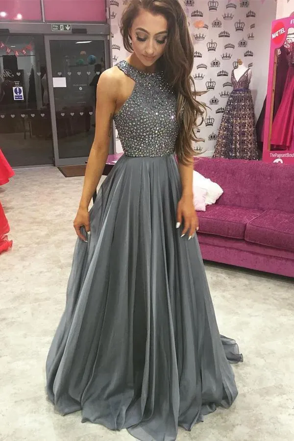 Beautiful Grey A Line Chiffon 2018 Prom Dress Strass Lungo Sexy Backless Abiti da sera convenzionali Gioiello Elegante Vestidos de fiesta largos