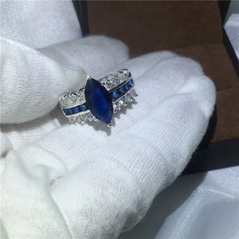 Vecalon Jewelry Marquise Cut 5ct Blue Diamonique Cz 925 Sterling silver Anello di fidanzamento le donne