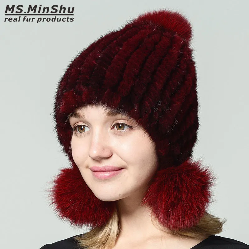 Véritable chapeau de vison femmes chapeau de fourrure d'hiver avec 3 boules vraie casquette de fourrure mode Ladys Bobble bonnets boules de fourrure de renard Ms.MinShu
