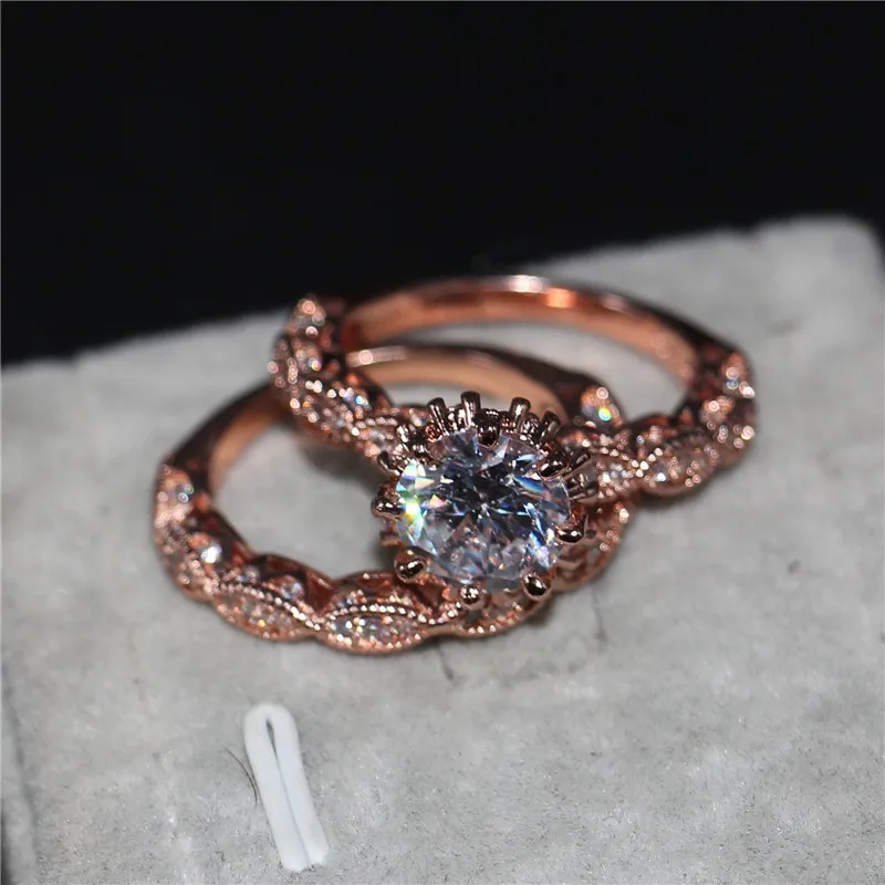 Vintage Women Round cut 3ct Diamonique Cz Rings Rose gold Filled & 925 Sterling silver Flower wedding Band ring set for women