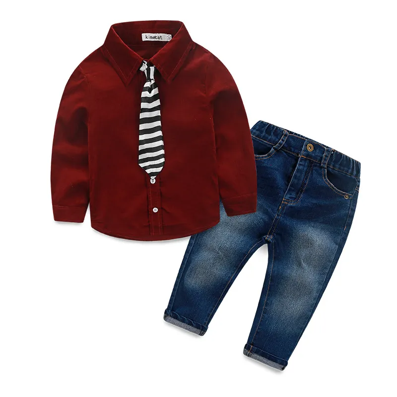 Gentleman Boys Clothes 2018 Fashion Children Clothing Sets Baby Boy Outfits Cotton Long Sleeve Shirts +Trousers Jeans +Tie Toddler Boy