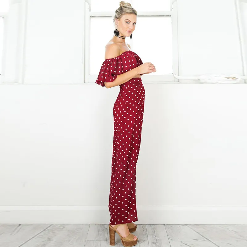 Kvinnor 2018 casual klänningar av axel röd vintage dot lång klänning sommar maxi klänning chiffon ruffle sexiga strand klänningar vestidos