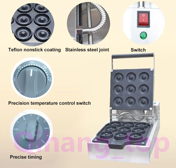 Qihang_top preço mais baixo 9 furos elétrica mini donut maker que faz a máquina 110 v 220 v comercial donut maker
