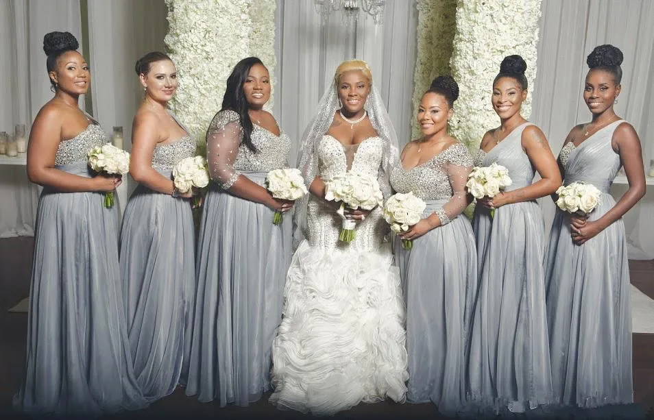 African Silver Chiffon Beaded Top Plus Size Long Bridesmaid Dresses One Shoulder Ruched Split Wedding Guest Maid of Honor Dresses BA8881