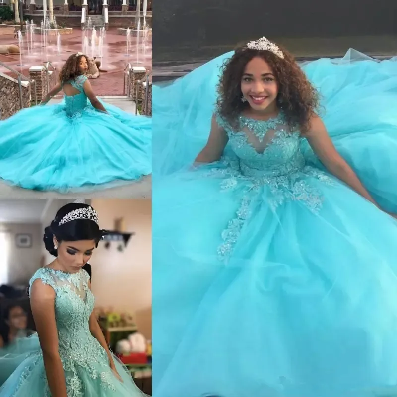 2018 Abito da ballo blu Abiti Quinceanera 2018 Applicazioni in pizzo con perline Sweet 16 Abiti lunghi da ballo Abiti da sera su misura Formale QQ19