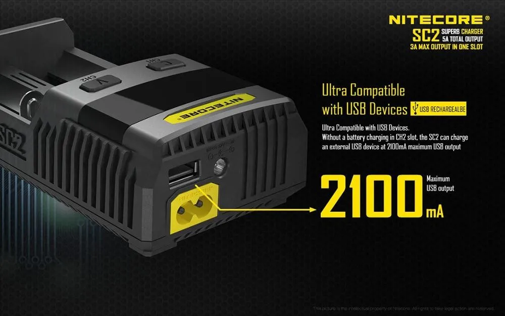 NITECORE SC2 Caricabatterie Caricabatteria intelligente Uscita USB 3A LiFePO4 Lithium Iion Ni-MH NiCd 18650 10340 10350 10440 Batteria Universo